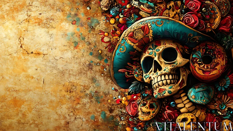 Baroque sugar skull portrait with teal hat and florals.