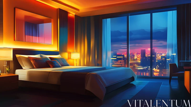 Softly glowing city-view bedroom welcomes restful evenings