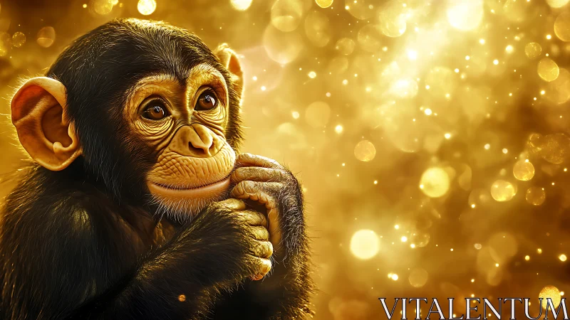 Juvenile chimpanzee rendered against luminous golden bokeh field
