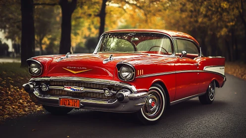 Red 1957 Chevrolet Bel Air parked on forest road.