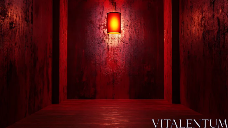 Red textured room with suspended cylinder light in center.
