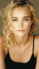 Close-up portrait of blonde woman in black tank top.