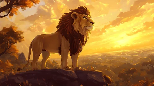 Lion surveys glowing savanna horizon under blazing sunset sky