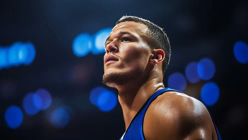 Male basketball player under arena lights in close-up view.