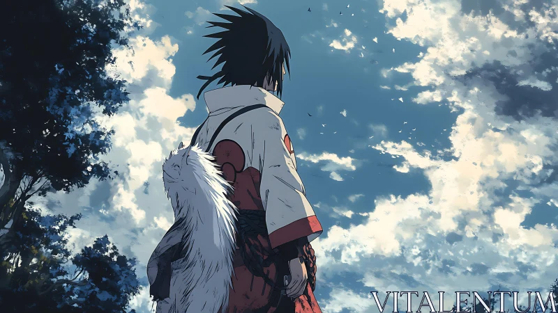 Lone anime warrior beneath vast drifting skyscape.