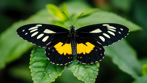 Black and yellow butterfly on green leaf in sharp focus.