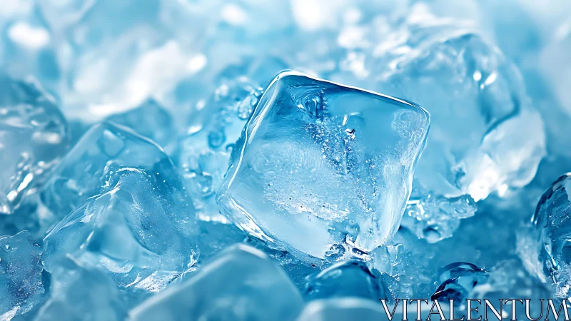 Macro view of translucent blue ice cubes in close arrangement.