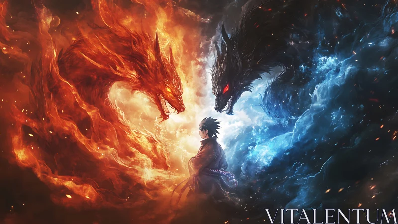 Fire and shadow wolves clash around lone warrior figure.