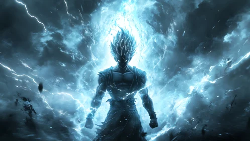 Silhouetted energy figure in stormy blue electric field.