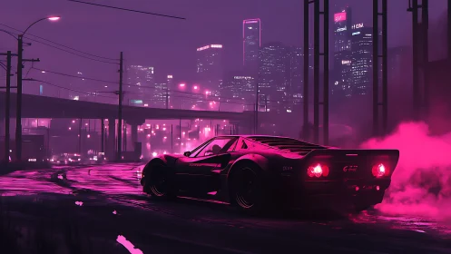 Neon drift supercar slicing through misty cyberpunk city streets.