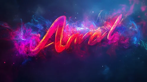 Neon Amal lettering glows inside vibrant cosmic smoke