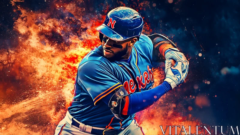 Blazing swing of a focused baseball slugger in neon colors.