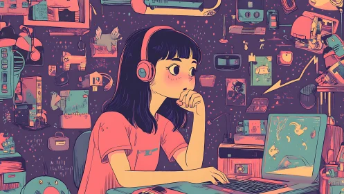 Digital daydreamer at neon-lit workstation in anime style.