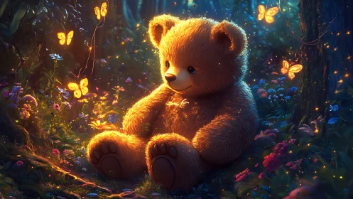 Golden teddy bear resting in a softly glowing forest.
