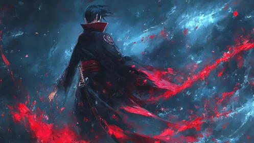 Dark warrior strides through swirling red energy storm.