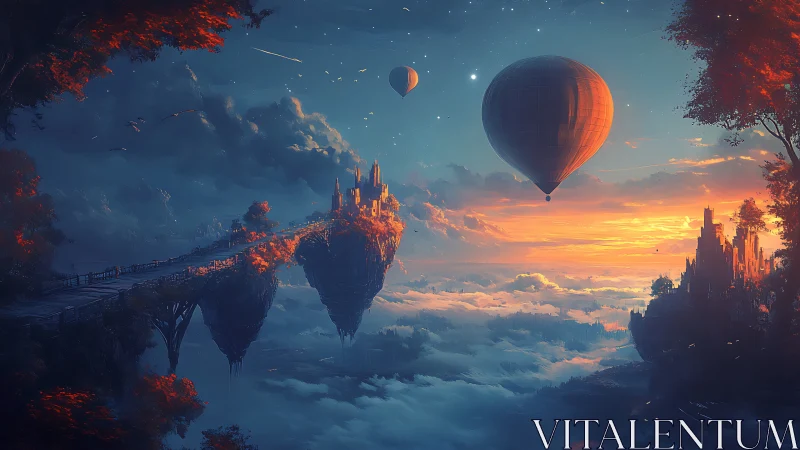 Floating citadel islands at sunset with drifting balloons.
