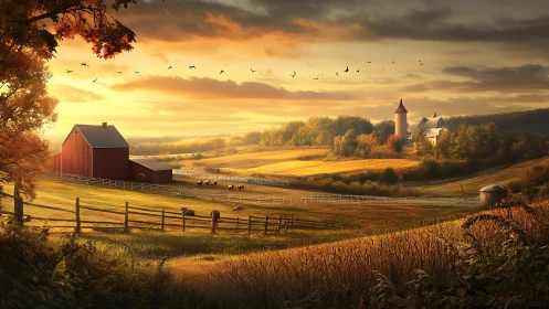 Sunlit rural farmland with barns, pastures, and distant hills.