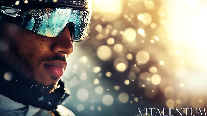 Calm winter rider soaking in golden snowlit daydreams.