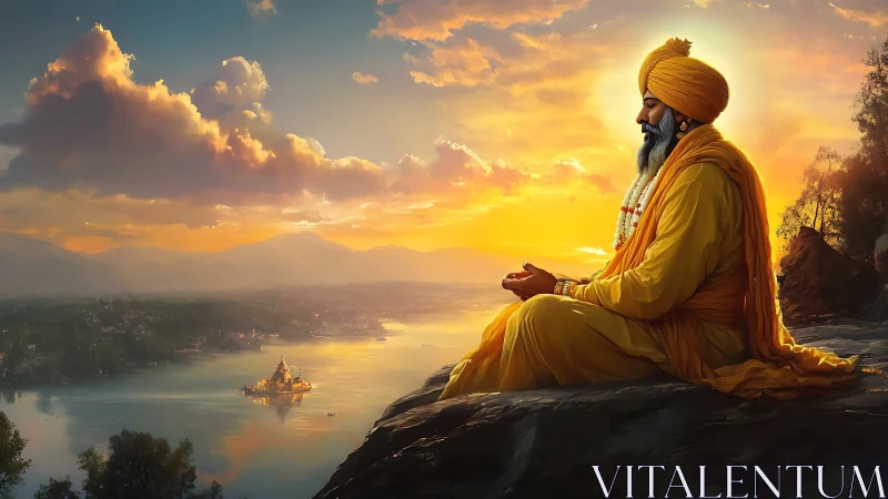 Meditative Sikh elder over lakeside temple at radiant sunset