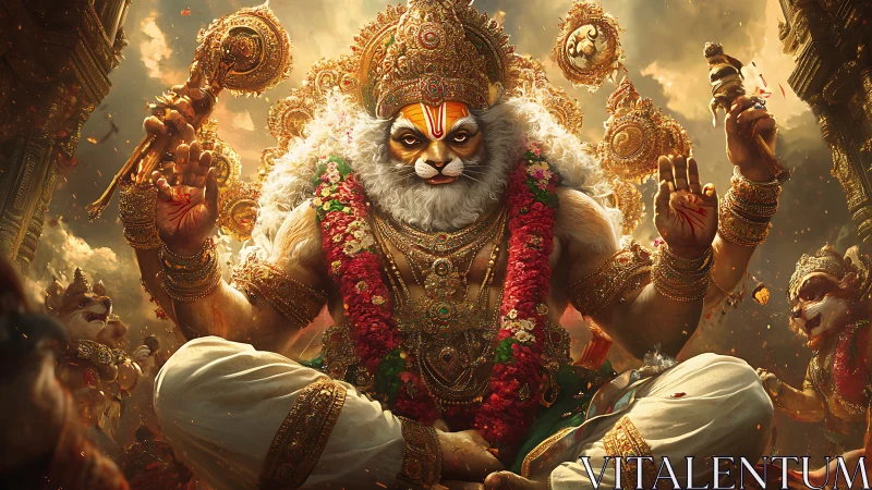 Lion-faced deity thrones in molten gold and whirling devotion.