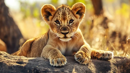 Young lion cub resting on sunlit rock in natural habitat.