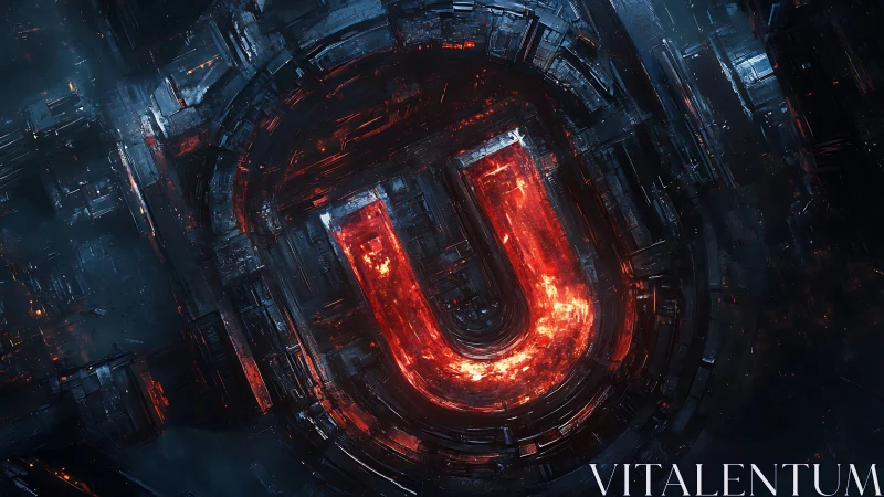 Molten letter U ignites a dark mechanical labyrinth core.