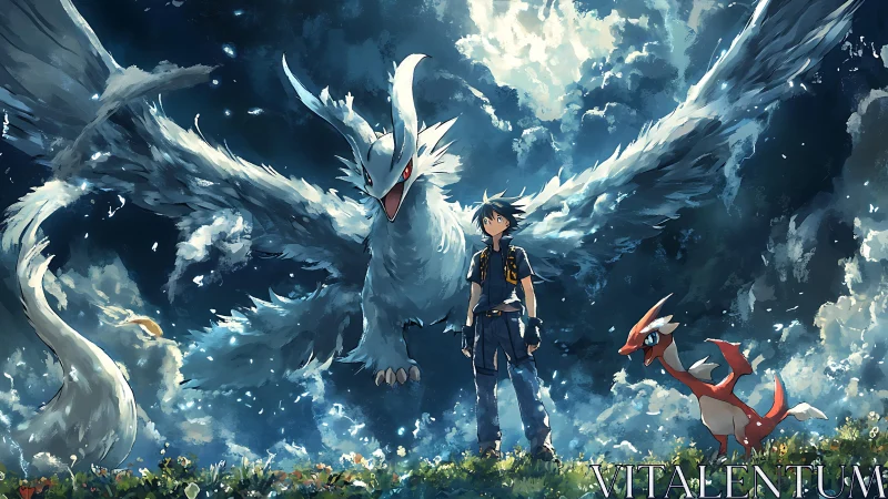 Teen hero with two dragon creatures under stormy sky.