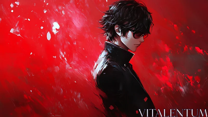 Moody anime loner stands against blazing red abstract storm.