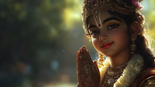 High-detail devotional portrait with bokeh and rim-lit ornaments