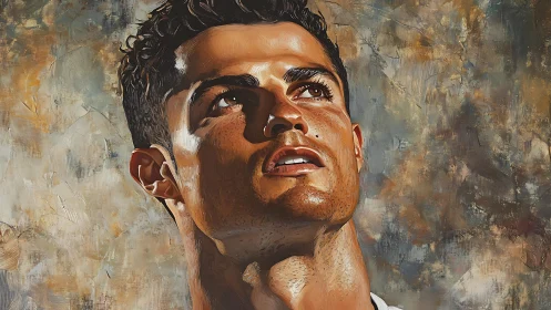 Male portrait painting shows upward gaze with textured background