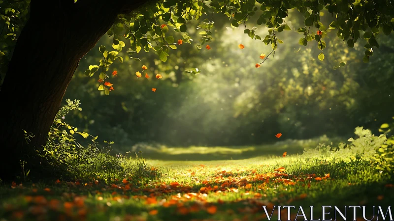 Sunlit Forest Clearing with Falling Leaves in Dreamy Soft Focus.