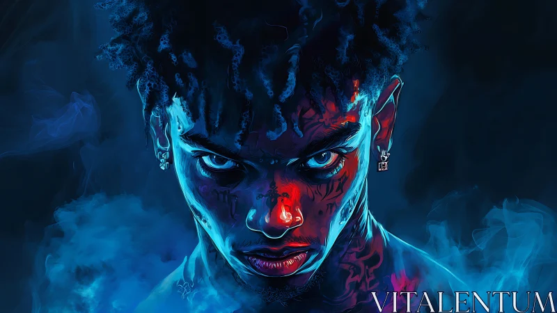 Neon-fire gaze of a midnight rebel wrapped in electric blue.