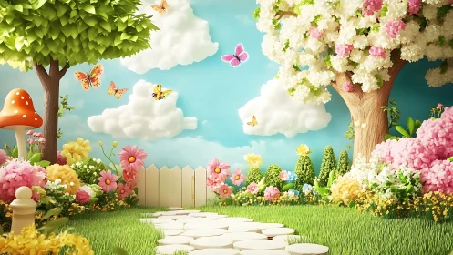 Whimsical 3D garden path with flowering trees and butterflies.
