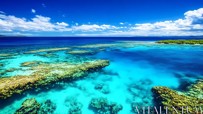 Turquoise coral reef lagoon under vivid tropical sky.