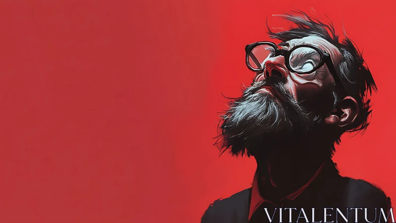 Bearded man in profile against uniform red background.