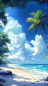 Tropical Coastal Landscape with Palm Fronds and Luminous Sky Dynamics.