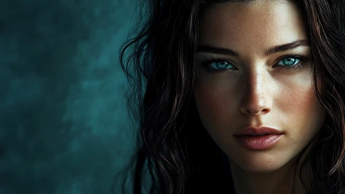 Storm-lit gaze of a teal-eyed woman in shadowed focus.