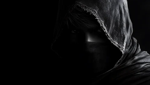 Hooded covert figure in high-contrast chiaroscuro lighting study.