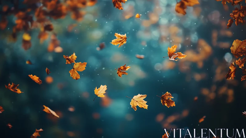 Falling maple leaves are suspended against a soft blue bokeh