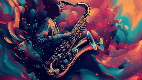Jazz saxophonist glows within swirling neon sound waves.