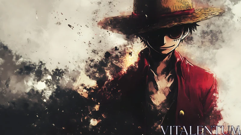 Straw hat anime figure in fragmented smoky setting.