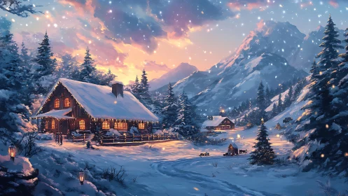 Snow-covered cabins stand in a mountainous forest landscape