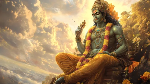 Divine blue-skinned deity in ornate throne amid volumetric sunlit clouds