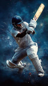 Galactic cover drive: cricketer cleaves sparks of stardust.