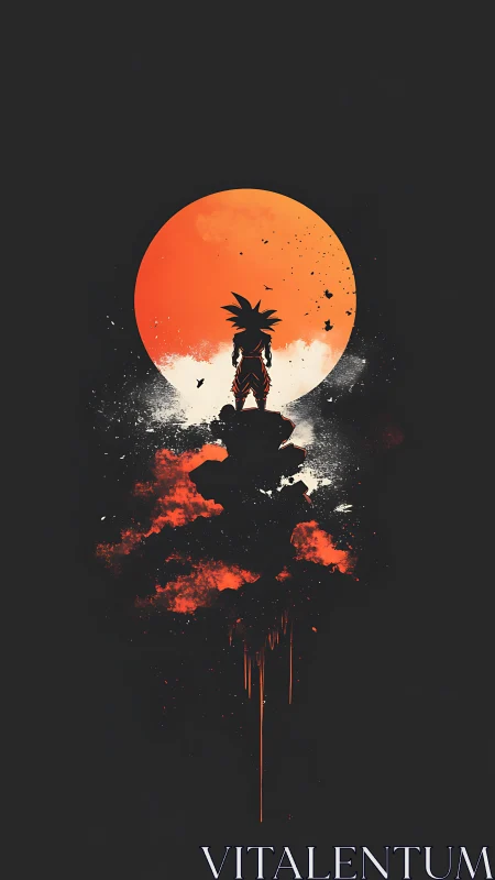 Silhouetted warrior drinks in a molten orange moonrise