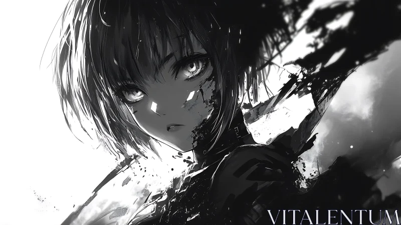 Monochrome cybernetic portrait dissolving into digital ink.