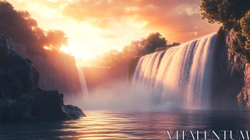 Sunlit digital waterfall with mist over calm river.