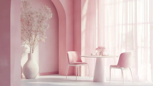 Soft pink dining nook with minimalist modern décor.