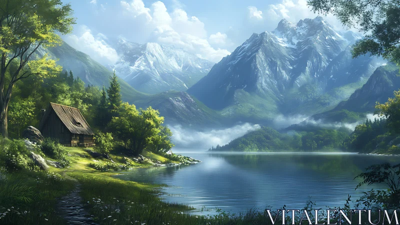 Mountain lake cabin under volumetric light and atmospheric haze