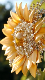 Jewelled golden sunflower sculpture with pearl accents.
